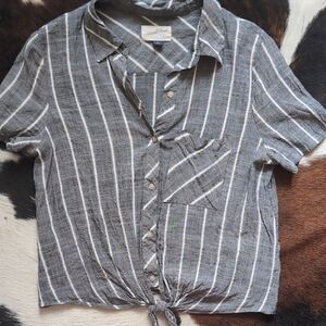 Gray Striped Button-Up Crop Top Shirt